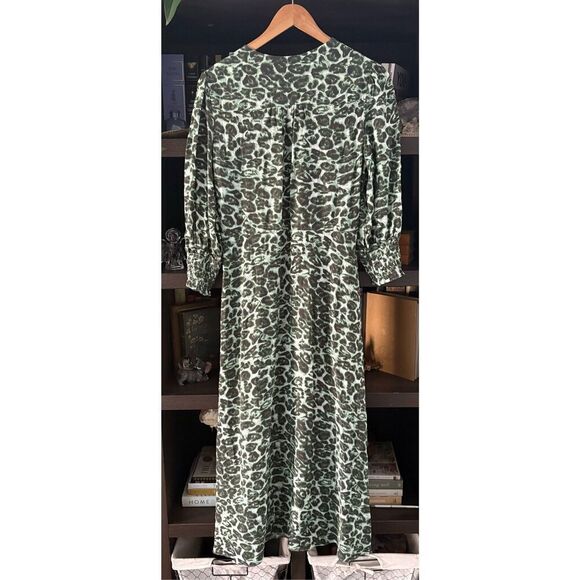 Whistles Clouded Green Leopard Print Shirred Midi Dress Size US 8 MSRP $299 - Picture 6 of 9